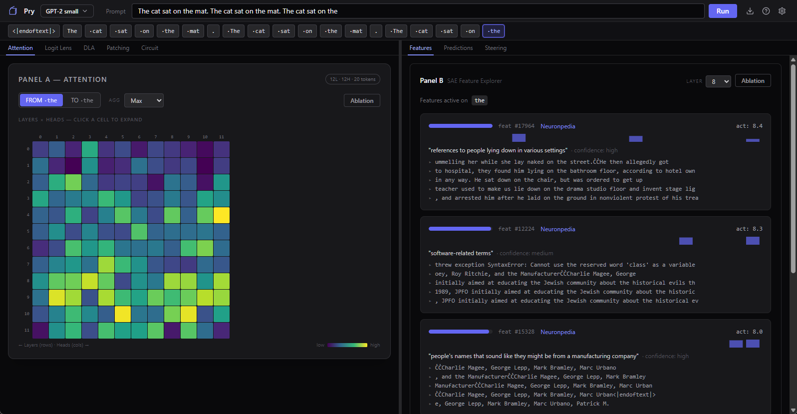 Pry LLM interpretability explorer interface showing attention visualization and SAE feature explorer